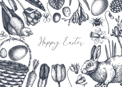 Easter frame design. With spring flowers, eggs and rabbit hand-drawings. Hand-sketched botanical backdrop. Spring plants and animals sketches. Easter card or invitation vector template